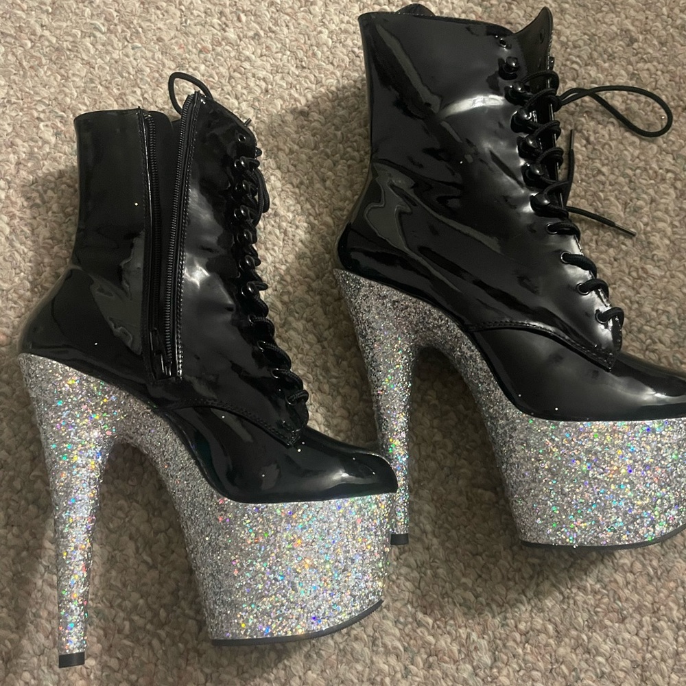 Pleaser Black Patent and Silver Glitter Lace-Up Boots